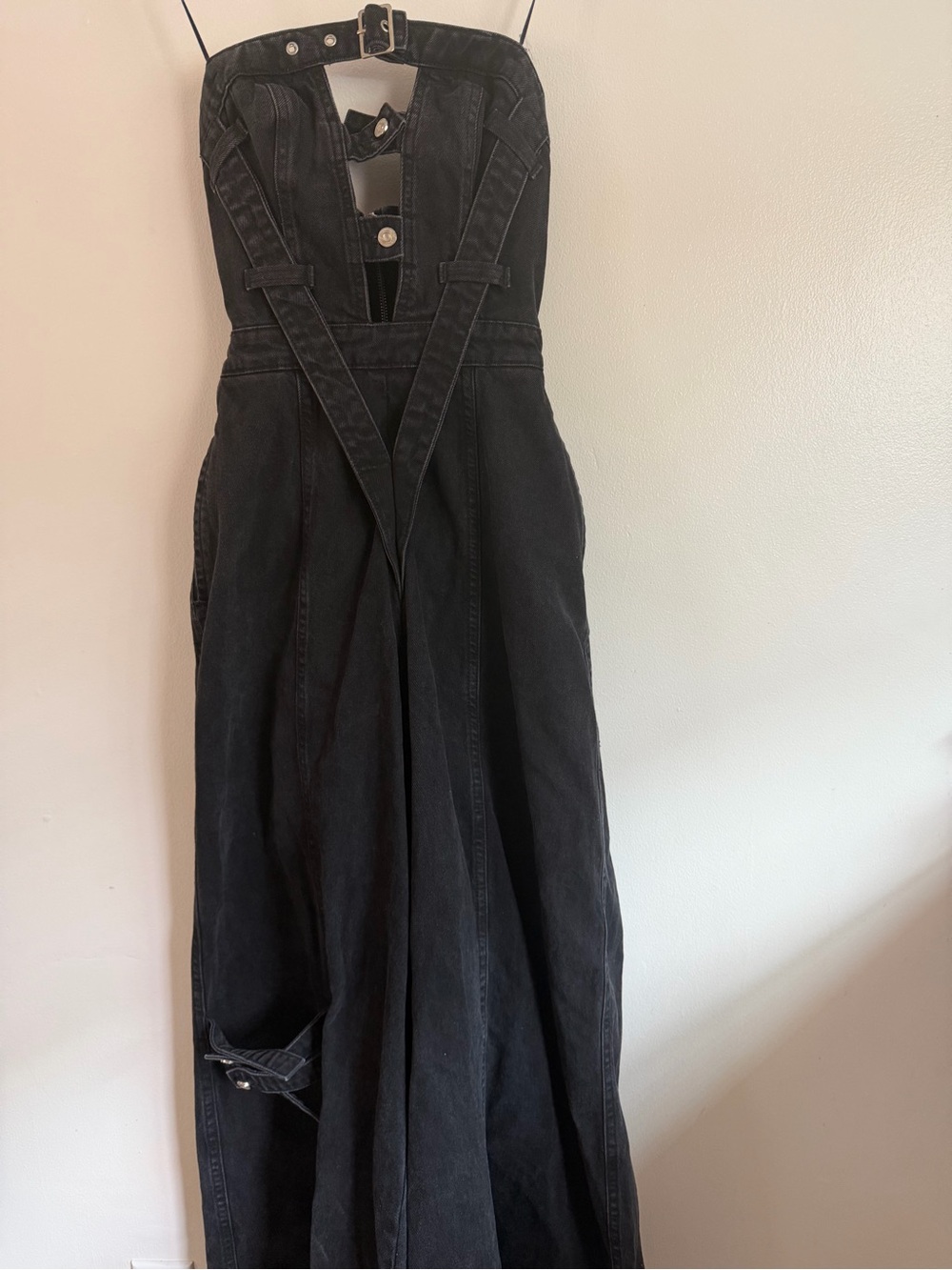 AKIRA Black Denim Strapless Jumpsuit with Corset Detail - Picture 4 of 4